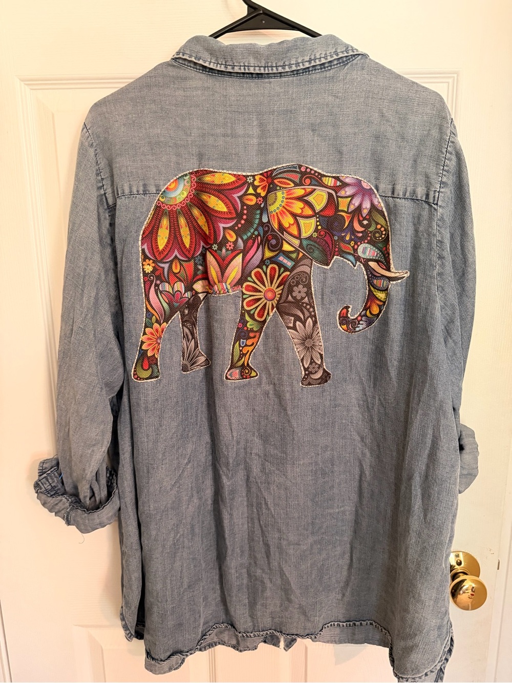 Velvet Heart Light Denim Button-Down with Colorful Floral Elephant Applique